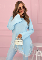 Rebrovaný asymetryczny Sveter z koronką Fresh Start blankytný