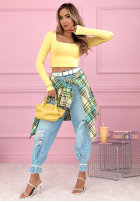 Krátka prążkowana Blúzka z kwadratowym dekoltem Wasn’t Ready žltá