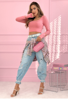 Krátka prążkowana Blúzka z kwadratowym dekoltem Wasn’t Ready ružová