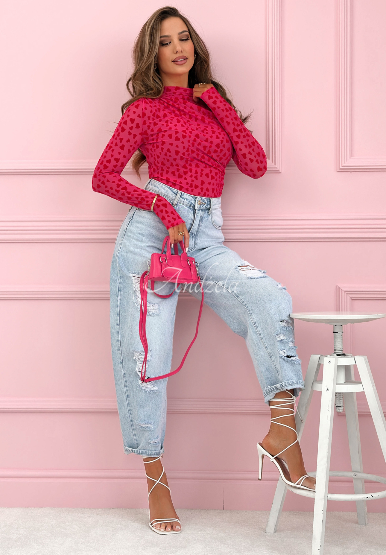 Sieťované body s dlhým rukávom s polrolákom so srdiečkami Broke My Heart ružové