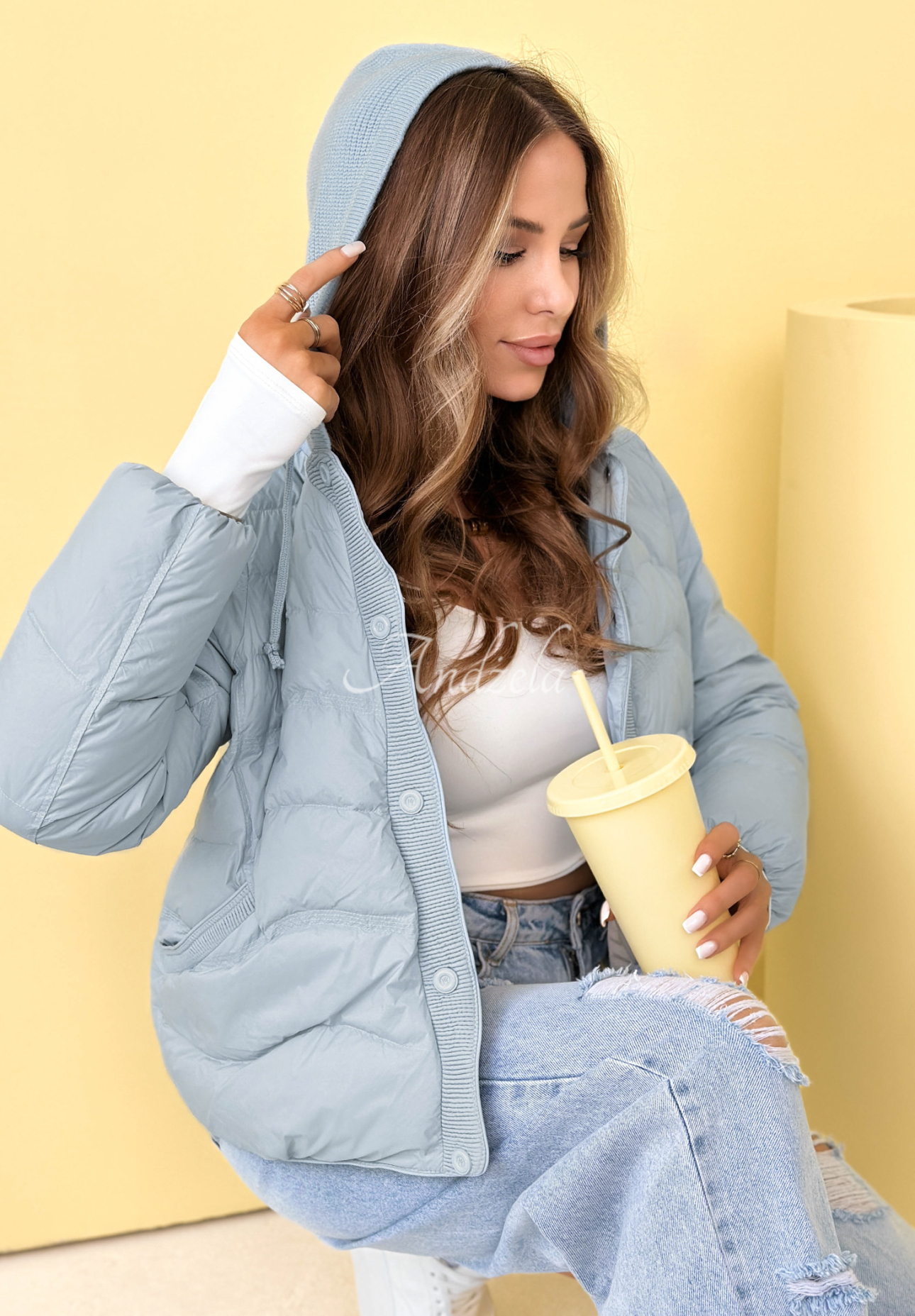 Páperová bunda s kapucňou Kayla blankytná