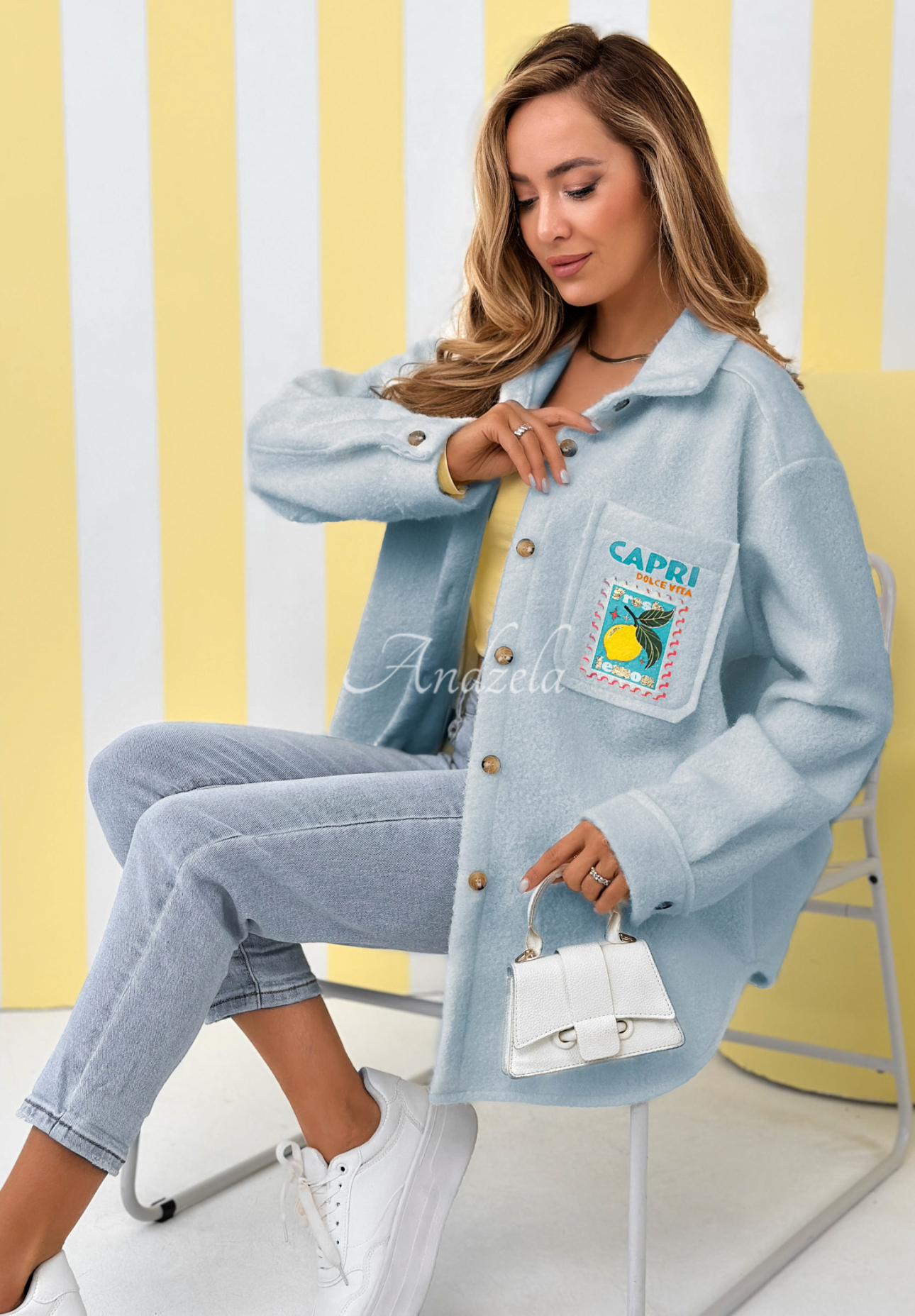 Bunda kožúšok s potlačou a vlnou Capri Dolce Vita blankytný