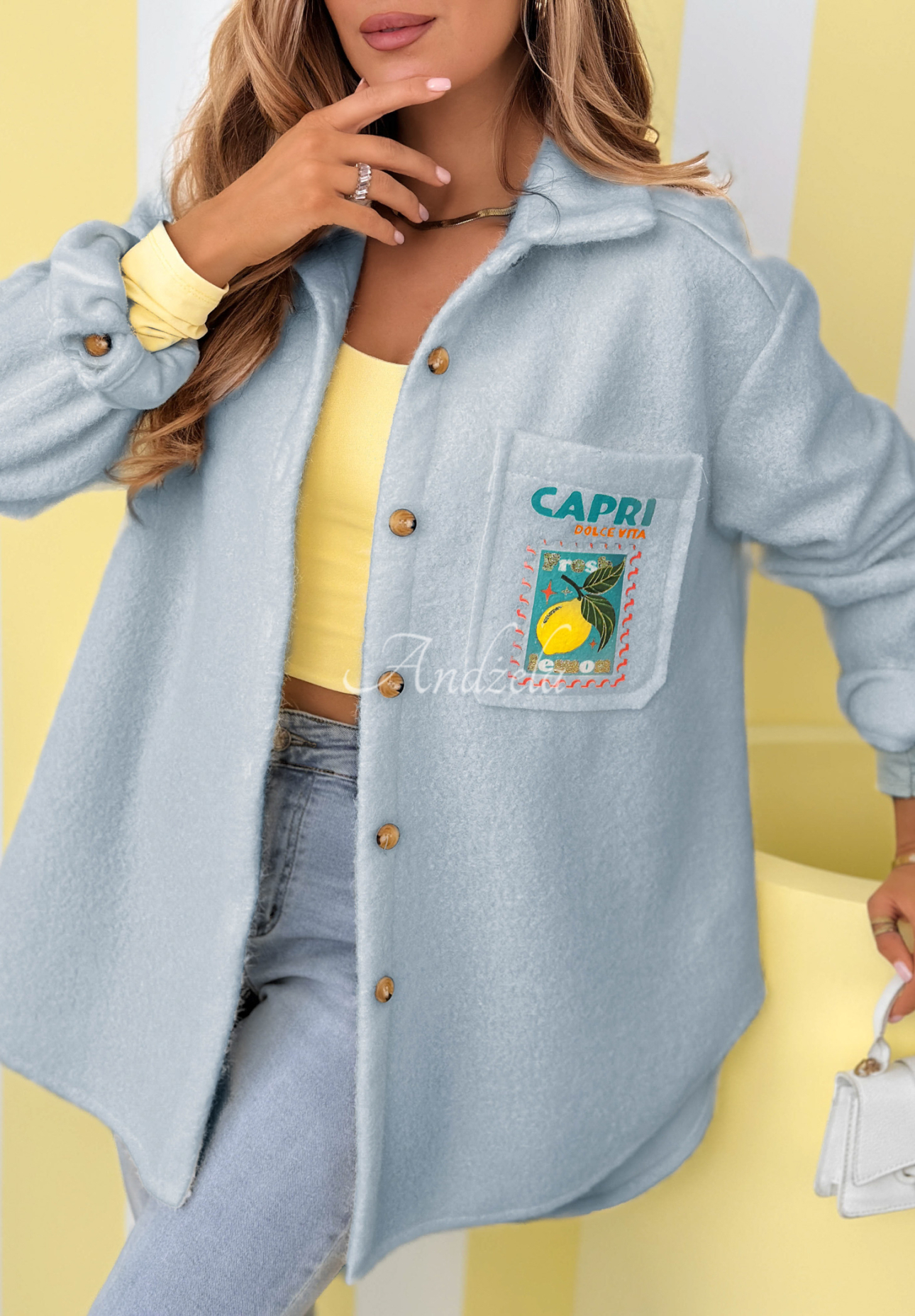 Bunda kožúšok s potlačou a vlnou Capri Dolce Vita blankytný