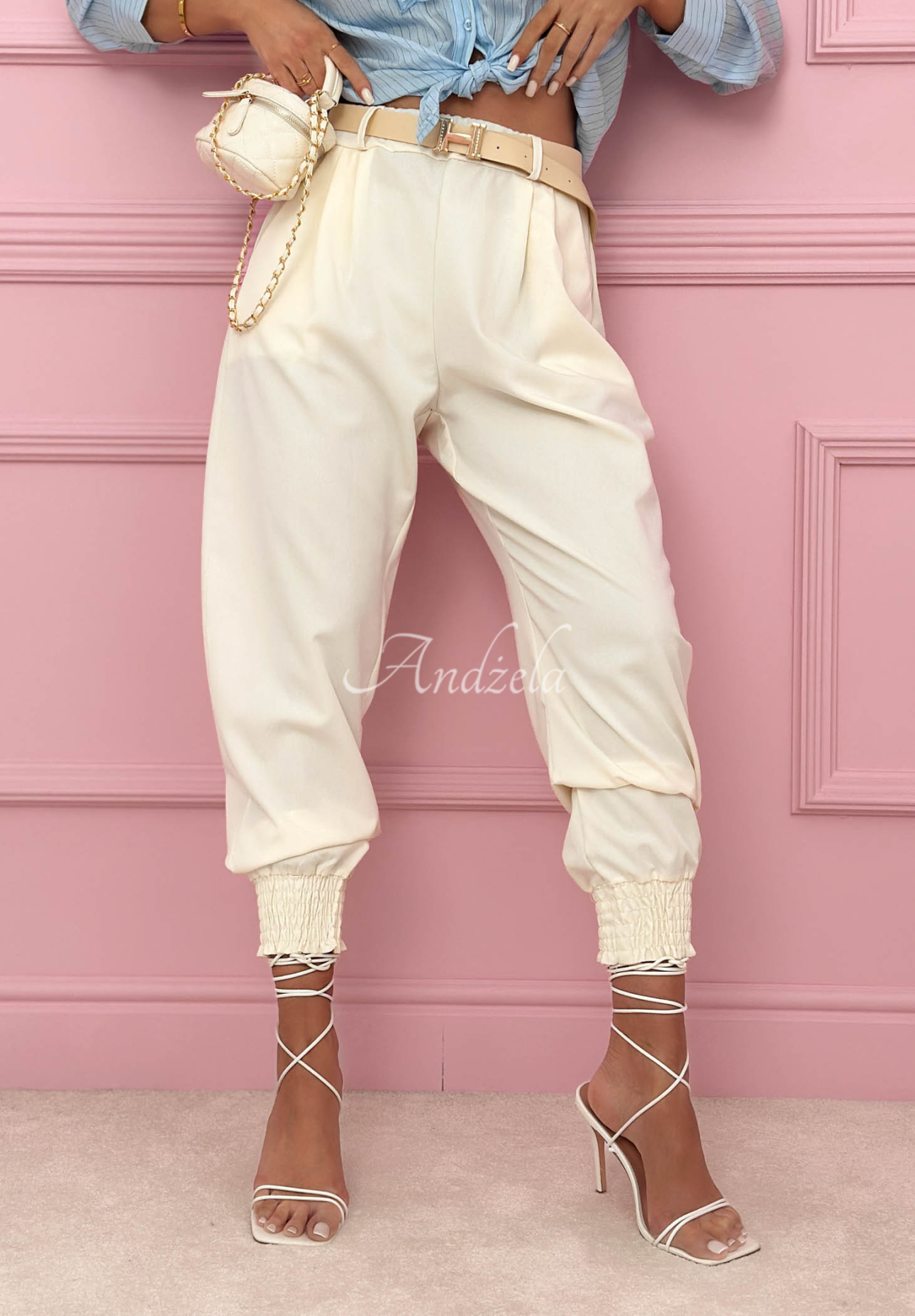 Látkové nohavice s viskózou so sťahovacím lemom Get Ready ecru