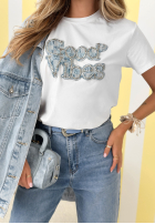 Bawełniany Tričko z nadrukiem Only Good Vibes Biela