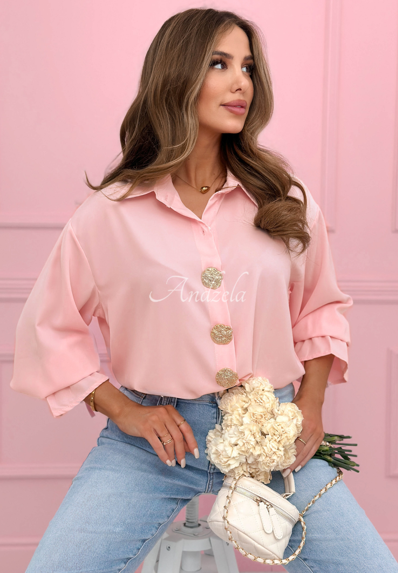 Košeľa s ozdobnými brošňami Brunch Outfit púdrovo ružová