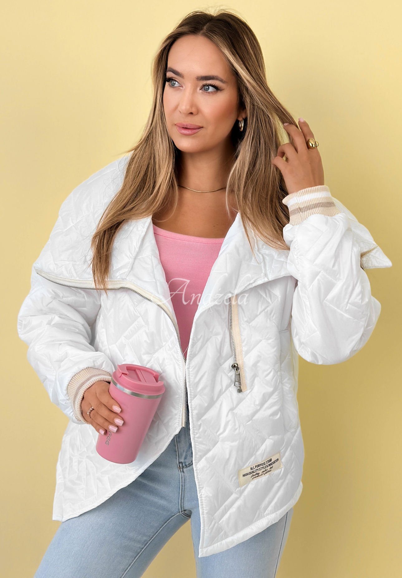 Prešívaná bunda s golierom Where Are We Biela