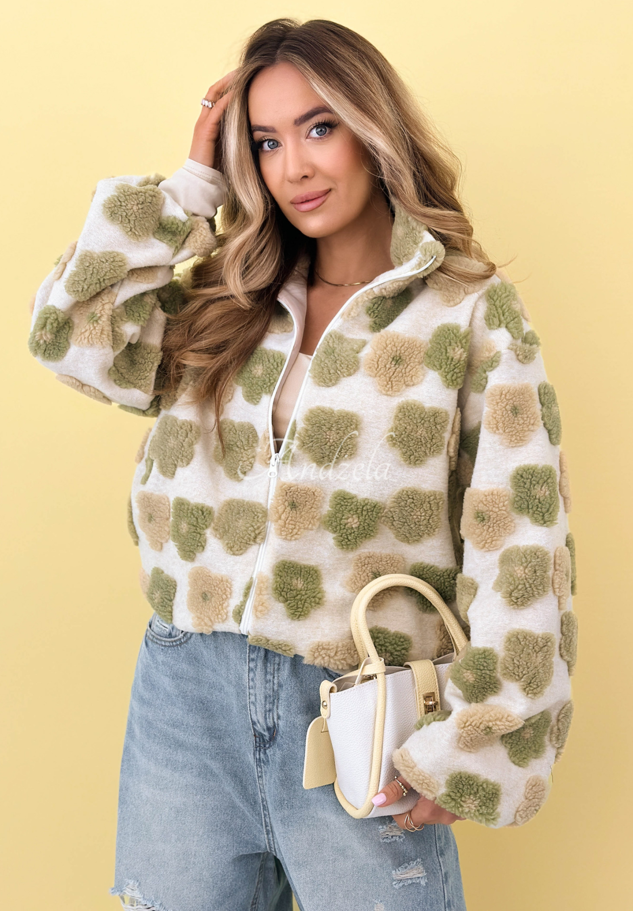 Kvetinová vlnená bunda so stojačikom Garden Of Flowers béžovo-zelená