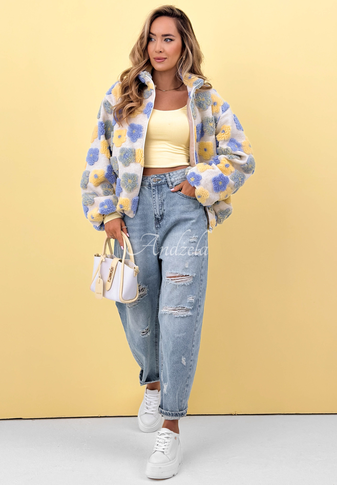 Kvetinová vlnená bunda so stojačikom Garden Of Flowers modro-žltá