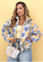 Kvetinová vlnená bunda so stojačikom Garden Of Flowers modro-žltá
