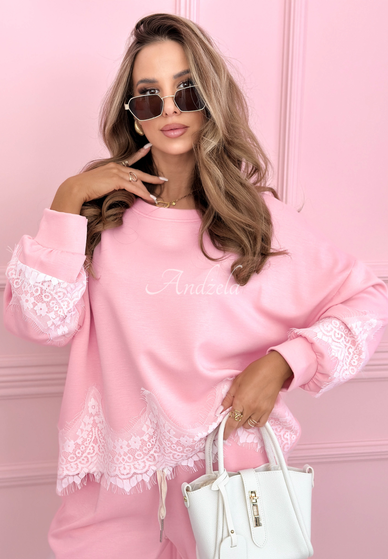 Viskózová tepláková súprava s čipkou Lace Trace ružový