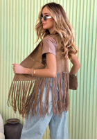 Długa zamszowa Vesta z frędzlami Rocky Mountain ciemnobeżowa