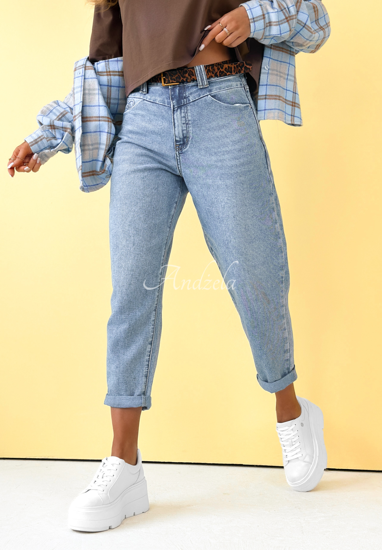 Džínsy boyfriend s opaskom Make Me Smile modré