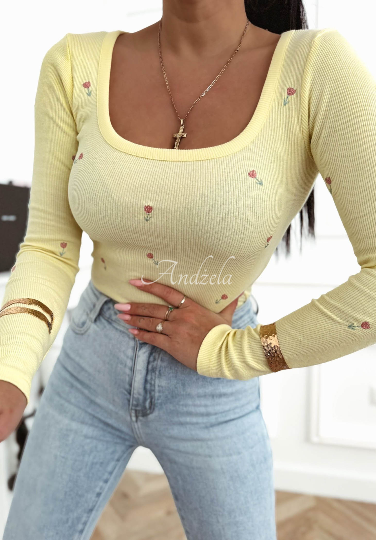 Rebrovaná kvetinová blúzka z bavlny Rosalie žltá