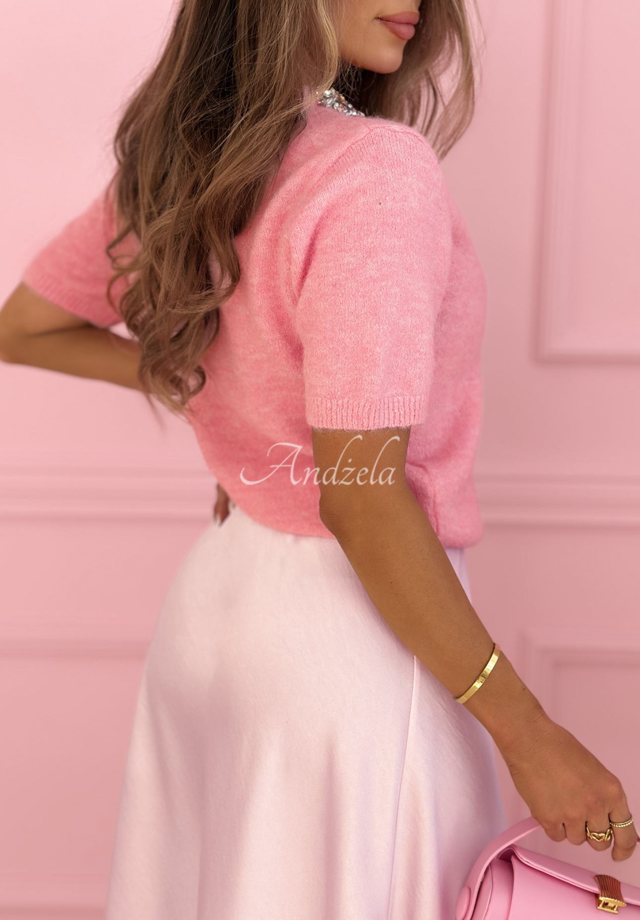 Sveter s ozdobnými kryštálmi a vlnou With Diamonds ružový