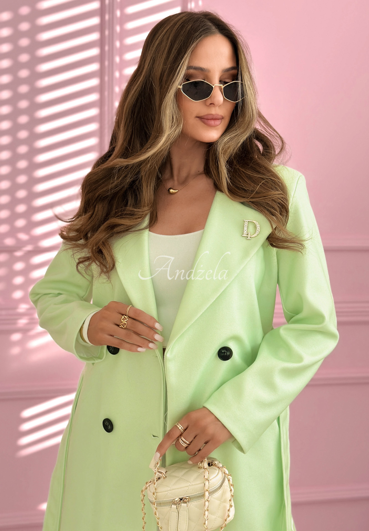 Dlhý dvojradový kabát s golierom We Both Know pistaciový