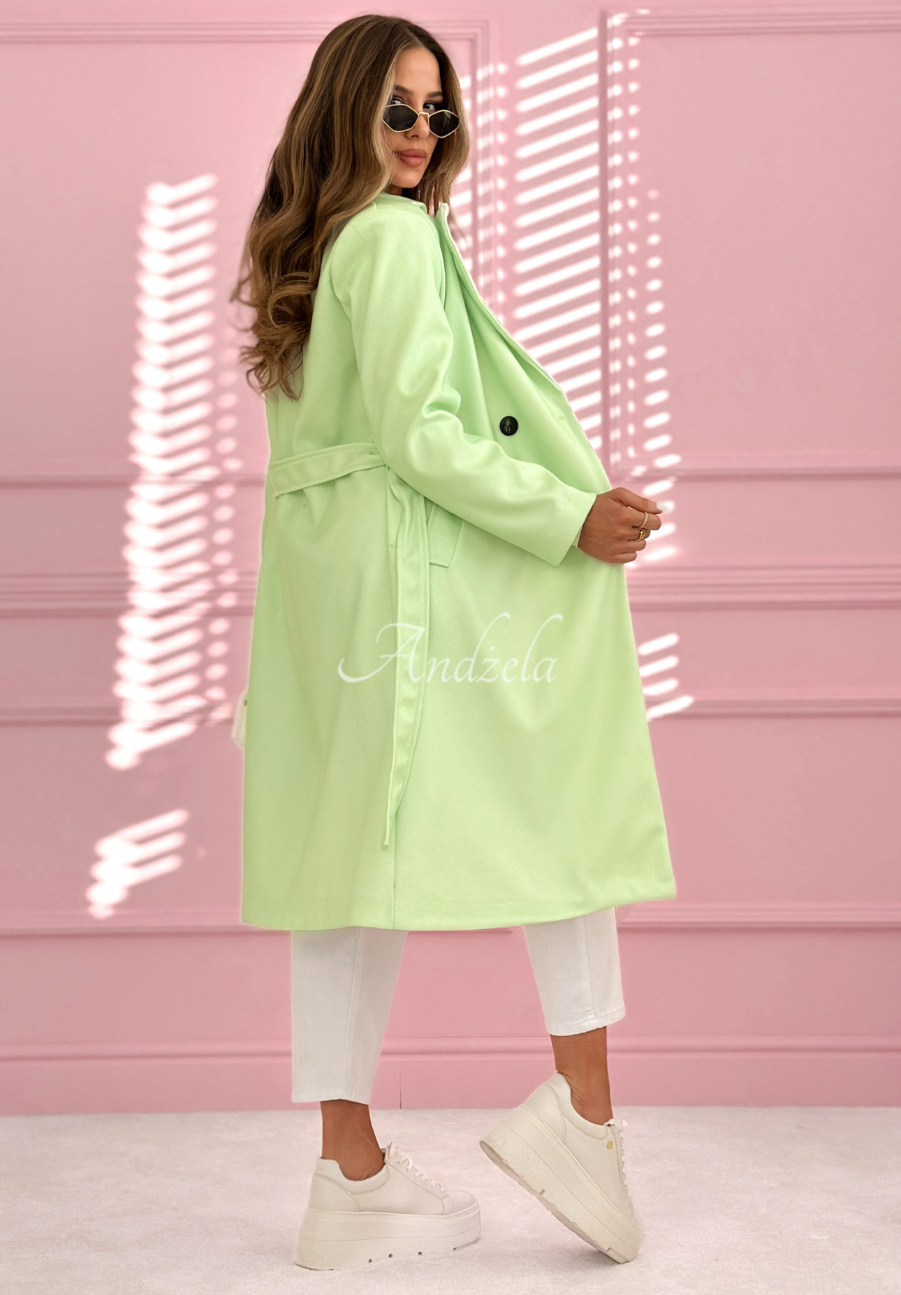 Dlhý dvojradový kabát s golierom We Both Know pistaciový