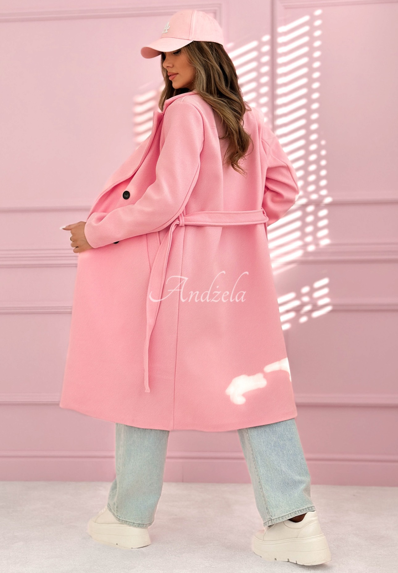 Dlhý dvojradový kabát s golierom rybia kosť We Both Know ružový