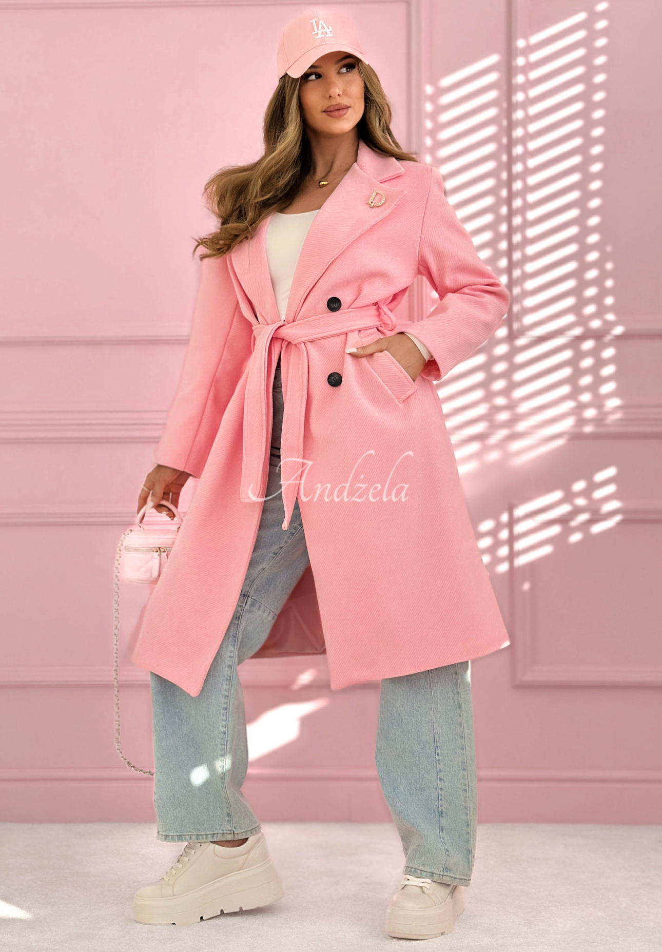 Dlhý dvojradový kabát s golierom rybia kosť We Both Know ružový