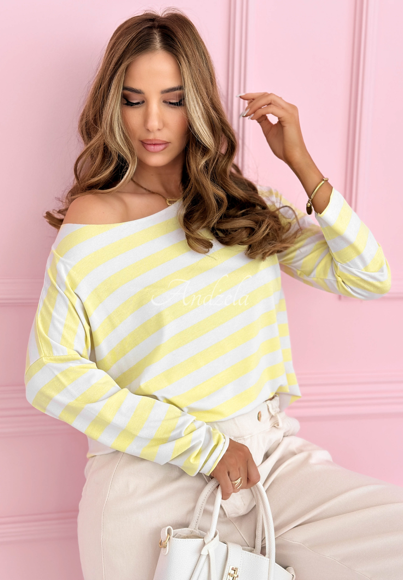 Viskózová blúzka longsleeve s pruhmi Only Stripes bielo-žltá