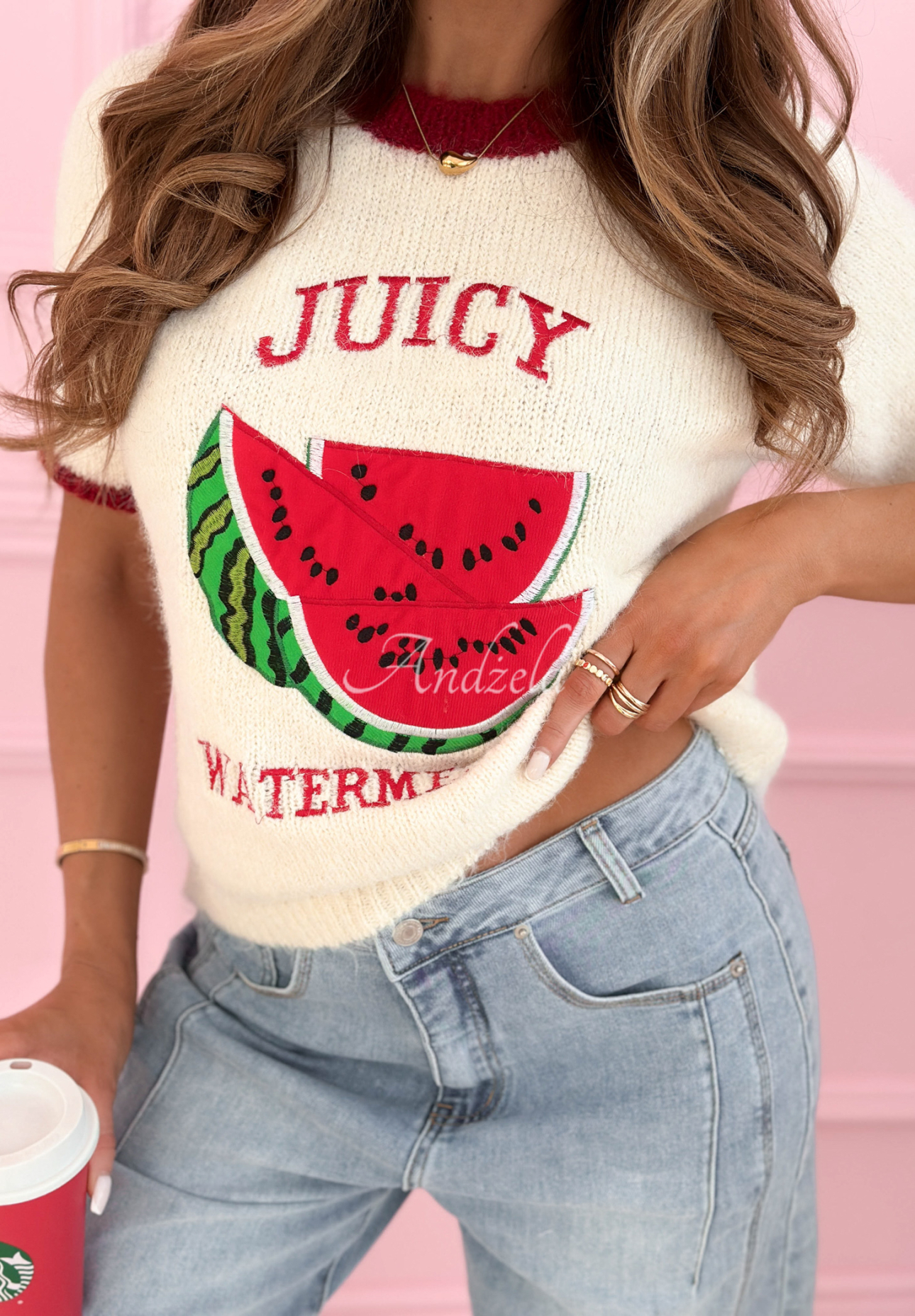 Sveter s nášivkou s krátkym rukávom Juicy Watermelon ecru