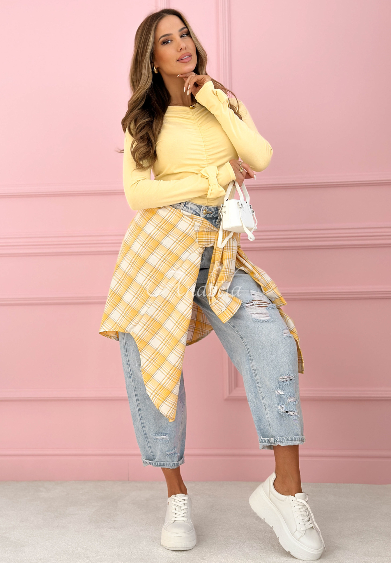 Bavlnená blúzka s dlhým rukávom s riasením a mašličkami Cutie Bows žltá