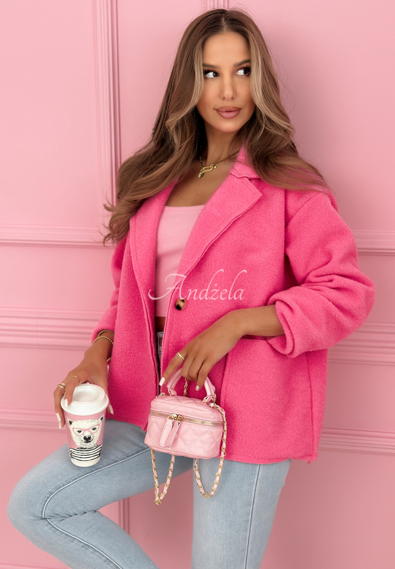 Viskózový krátky kabát s vreckami Yumi Fuchsiový