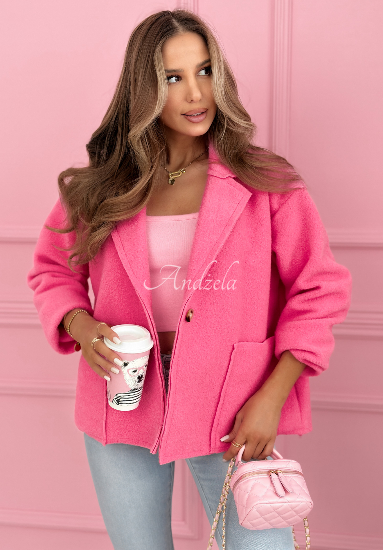 Viskózový krátky kabát s vreckami Yumi Fuchsiový