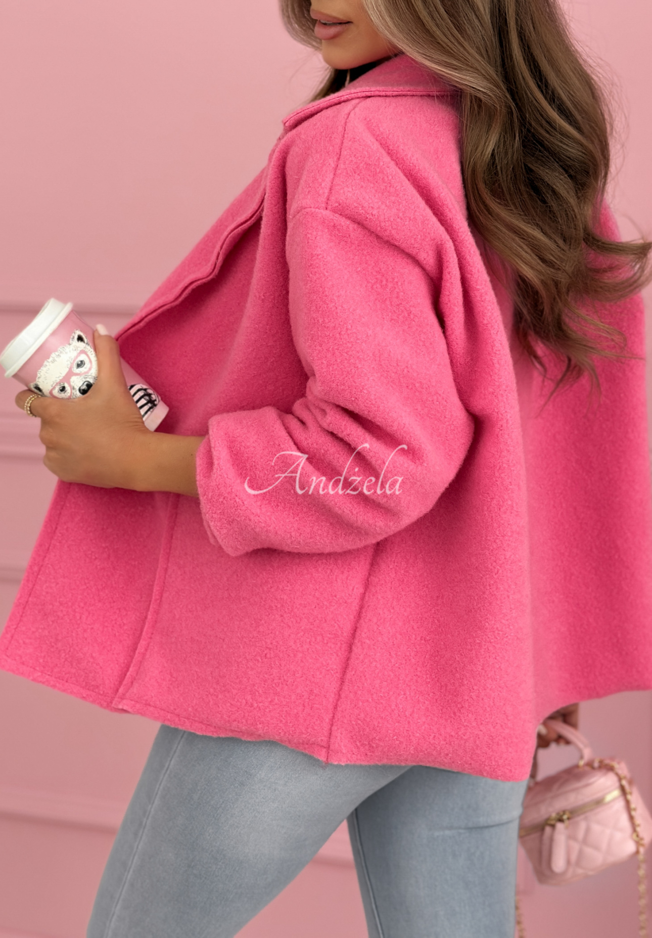 Viskózový krátky kabát s vreckami Yumi Fuchsiový