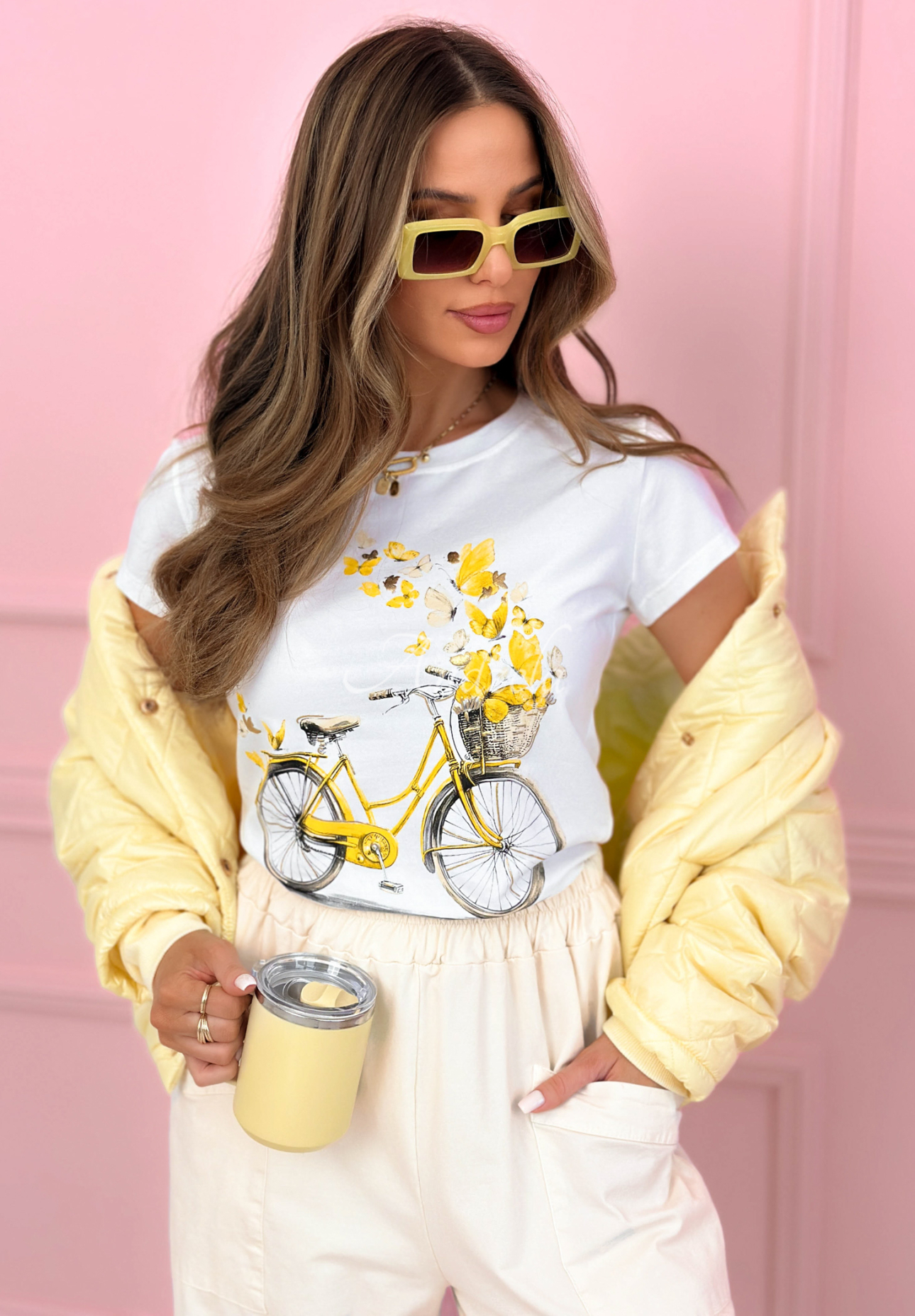 Bavlnené tričko s potlačou Butterflies Dreams bielo-žltá