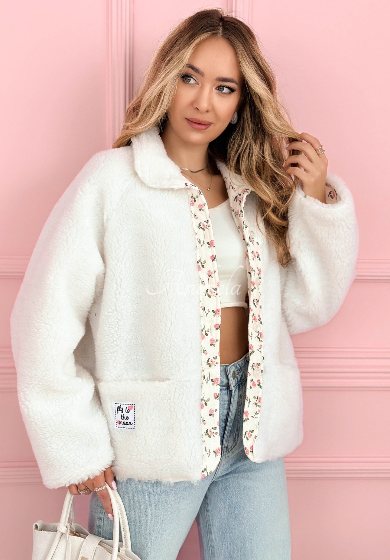 Krátka kožušinová bunda s kvetinovou podšívkou a vlnou Liliana ecru