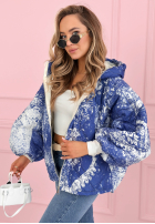 Prešívaná Bunda s kapucňou oversize so vzormi Blooming Hope modrá