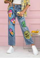 Nohavice džínosové straight z nadrukami Kiss Off modré