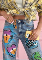 Nohavice džínosové straight z nadrukami Kiss Off modré