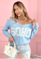 Sveter z dekoltem i napisem Soho púdrovo ružová