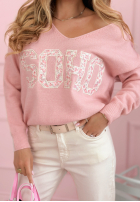 Sveter z dekoltem i napisem Soho púdrovo ružová