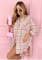 Długa Košeľa oversize w kratę Feeling Springy púdrovo ružová