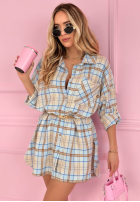 Długa Košeľa oversize w kratę Feeling Springy púdrovo ružová