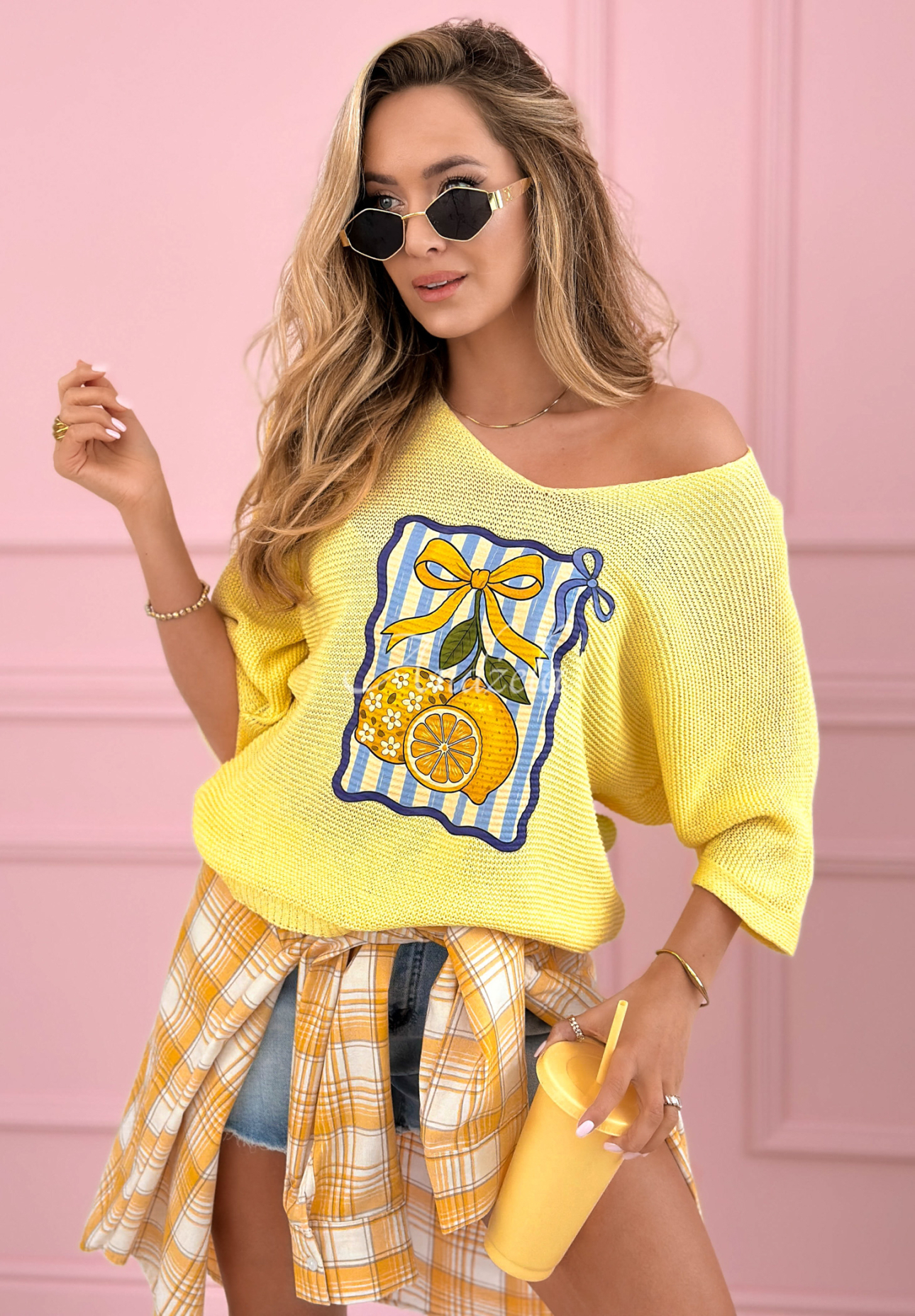 Ľahký bavlnený sveter s potlačou Lemon Bow žltá