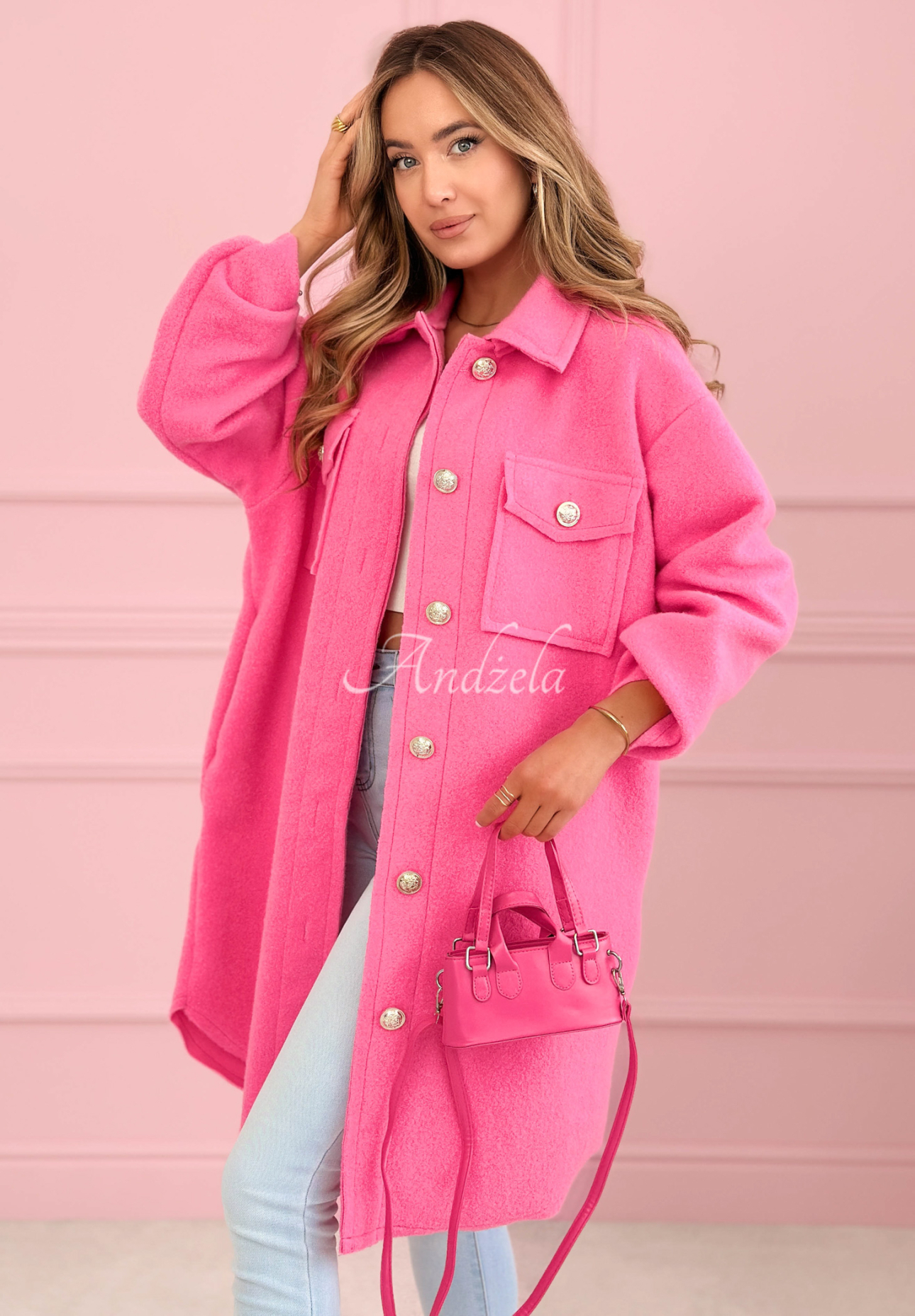 Viskózový kabát s vreckami Kaori fuchsiový