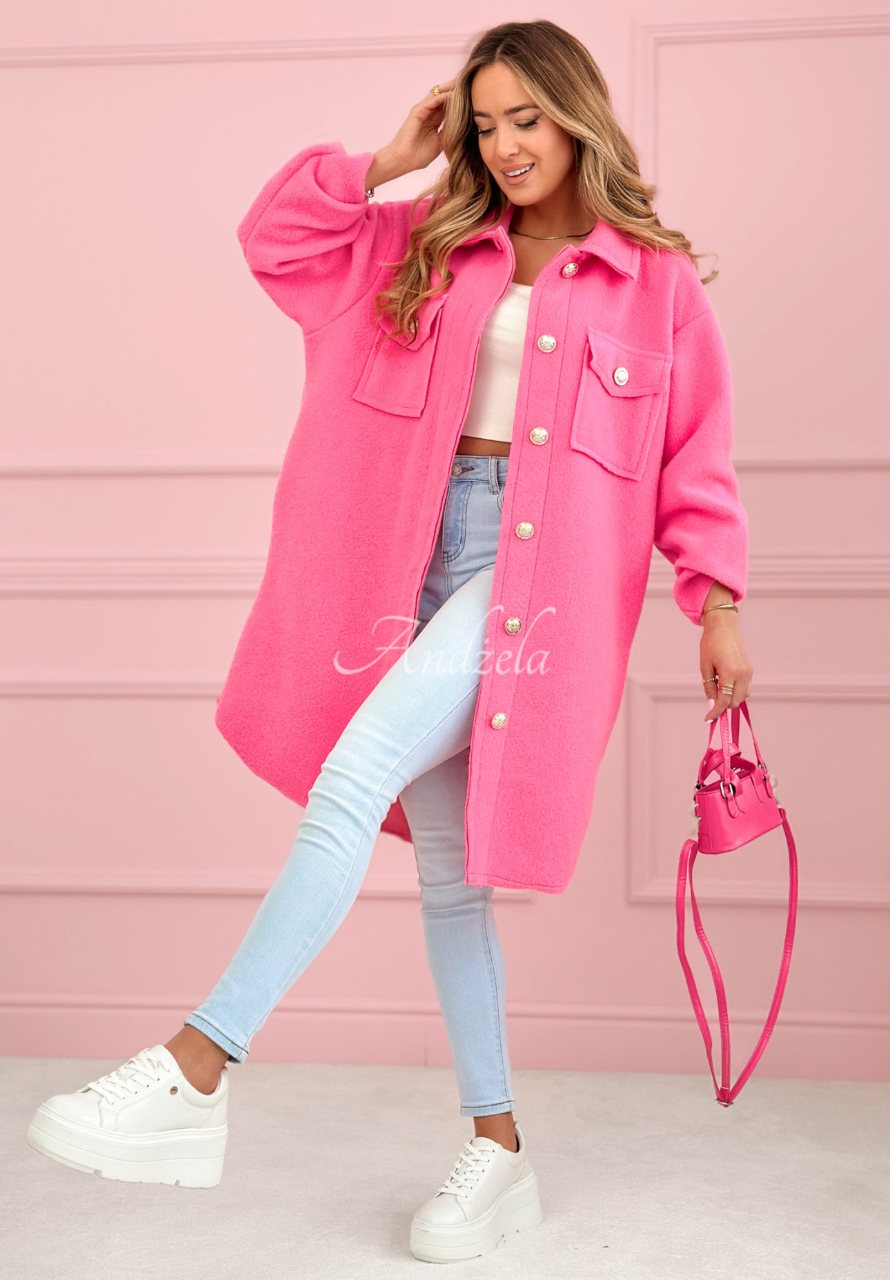 Viskózový kabát s vreckami Kaori fuchsiový