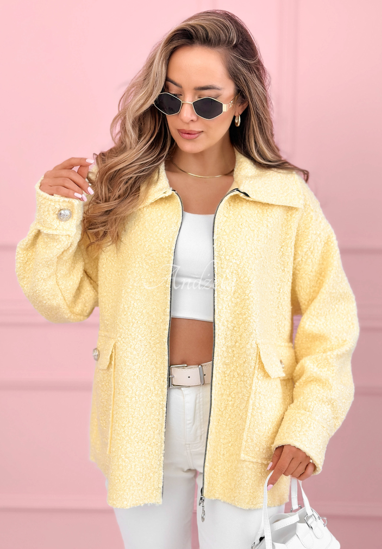 Krátka kožušinová bunda sherpa s vlnou a viskózou Azalea žltá