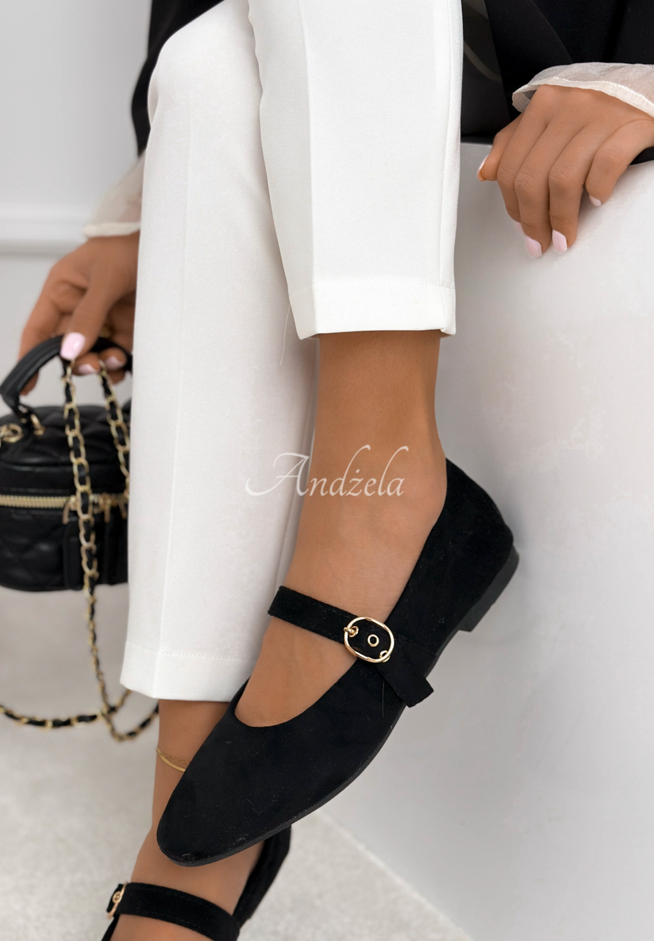 Semišové baleríny s opaskom Vivienne čierne