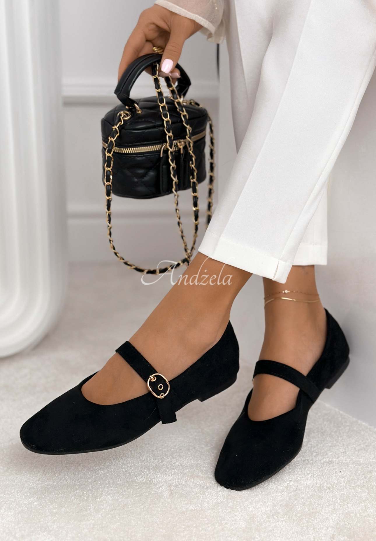 Semišové baleríny s opaskom Vivienne čierne