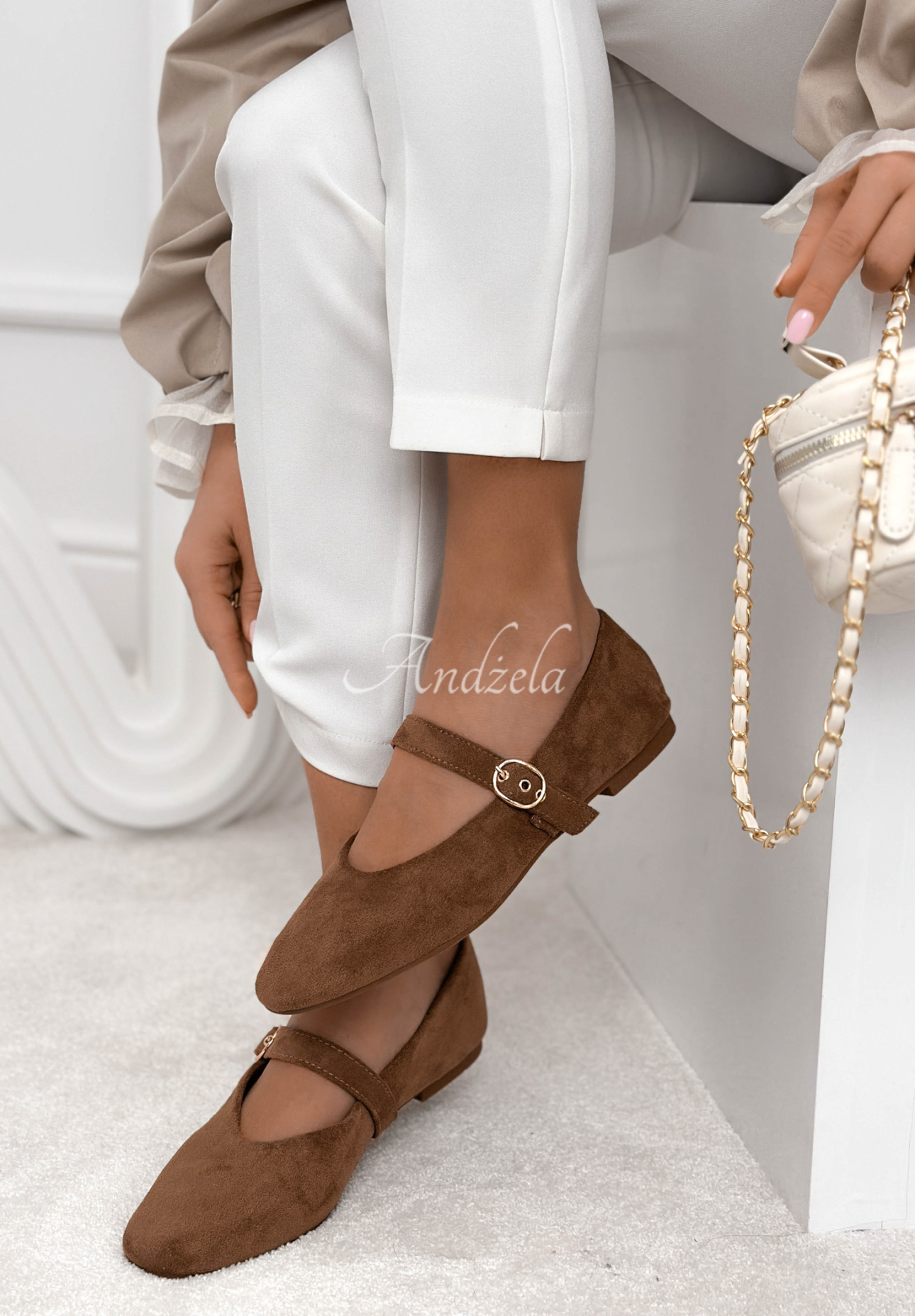 Semišové baleríny s opaskom Vivienne Mokka