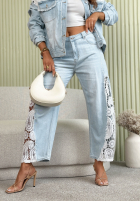 Nohavice džínosové mom fit z koronką Lacy Tracy svetlomodré