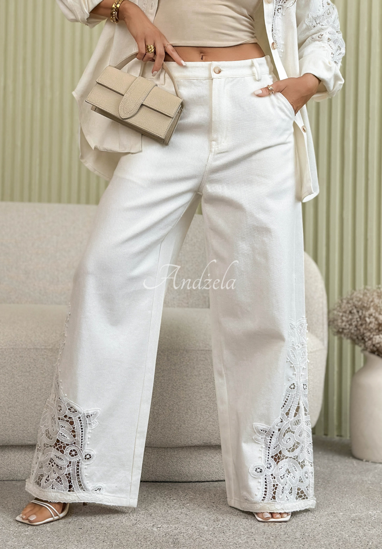 Nohavice wide leg s čipkou Eleanor ecru