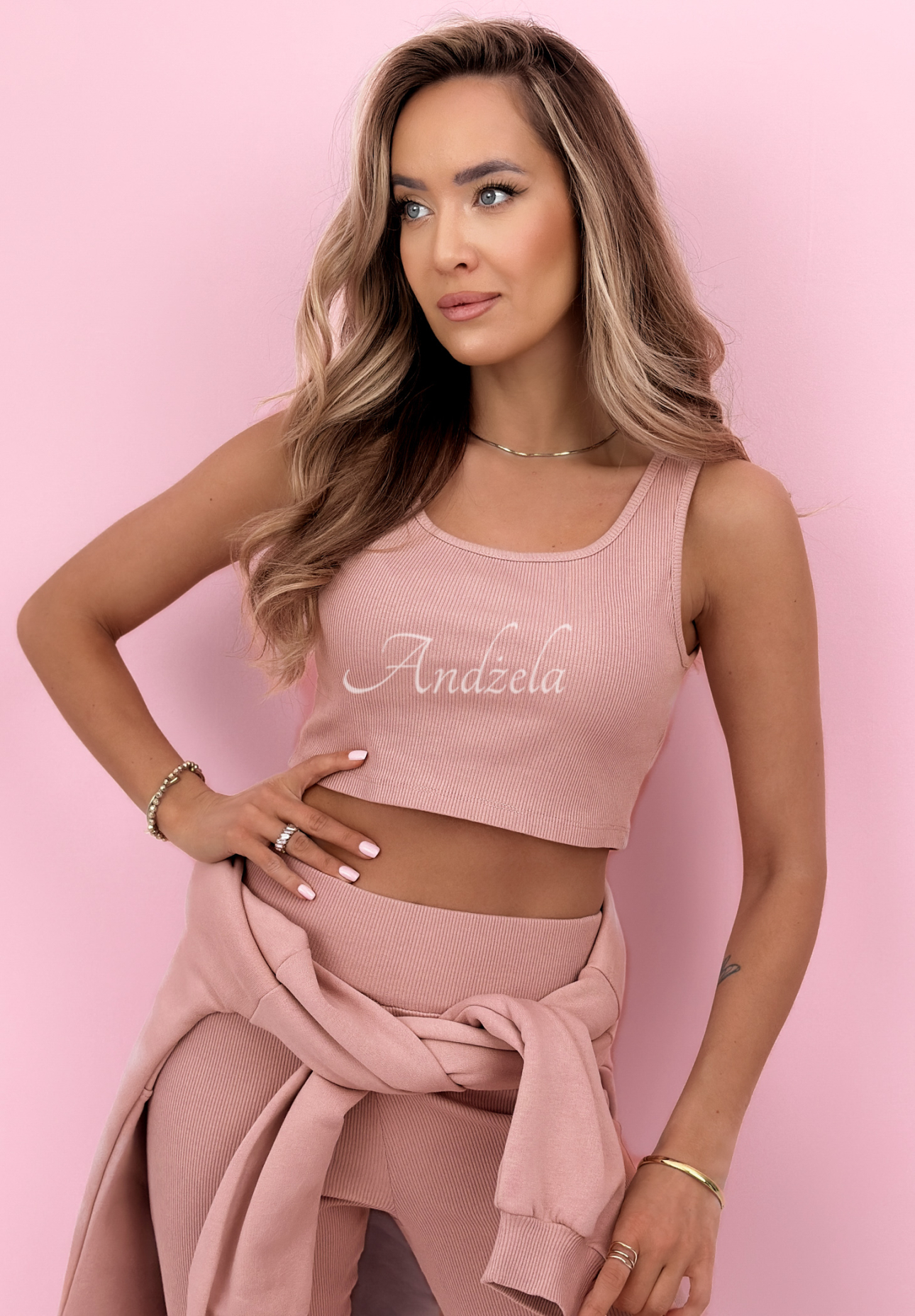 Bavlnená súprava mikina, legíny, top 3v1 Look At Me púdrovo ružová