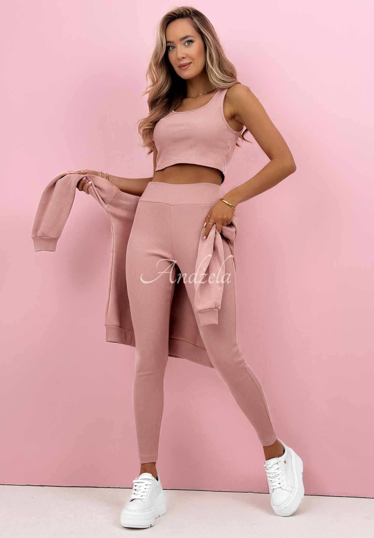 Bavlnená súprava mikina, legíny, top 3v1 Look At Me púdrovo ružová