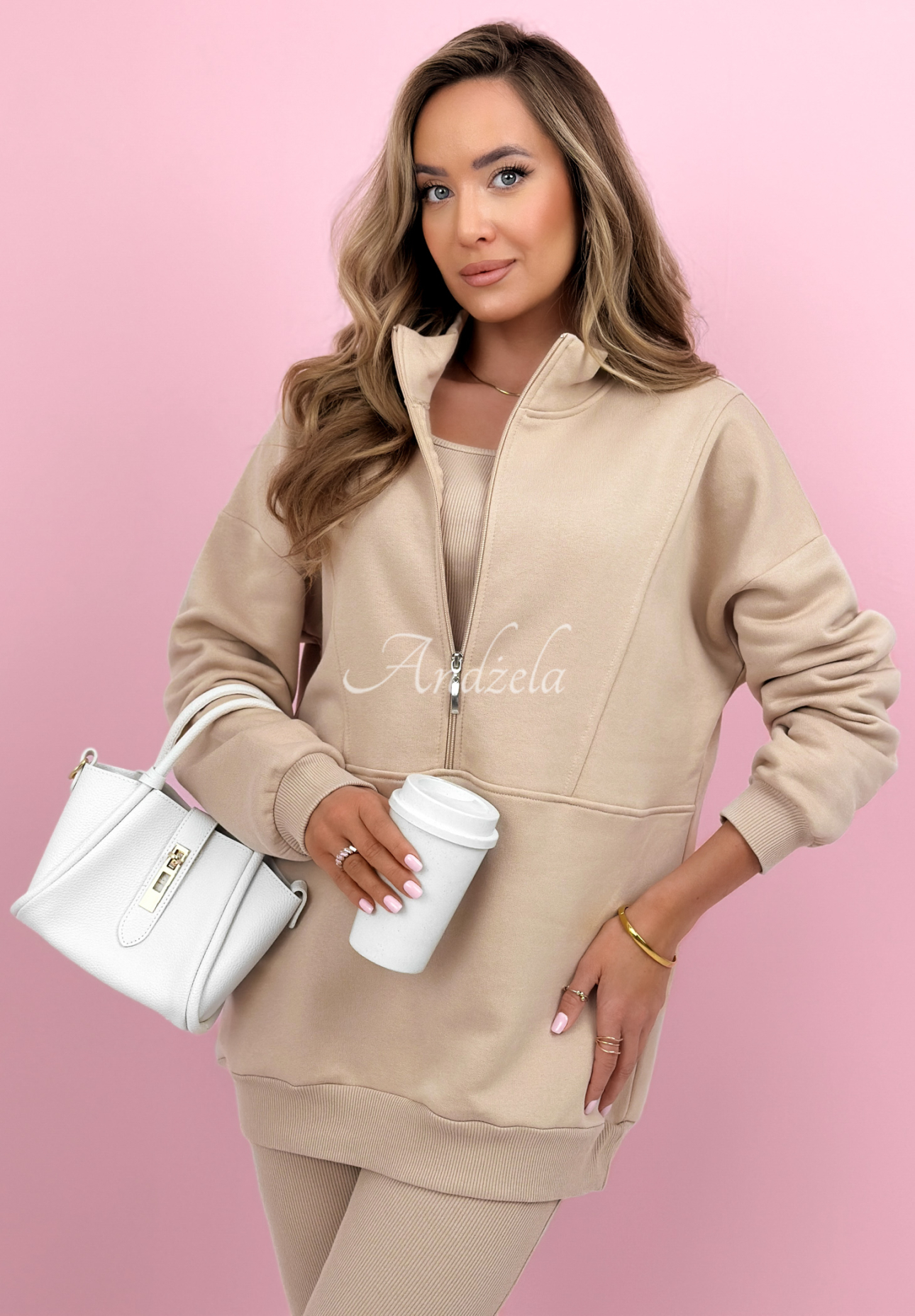 Bavlnená súprava mikina, legíny, top 3v1 Look At Me béžový